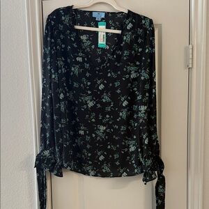 CeCe Black Long Sleeve Tie Front Blouse